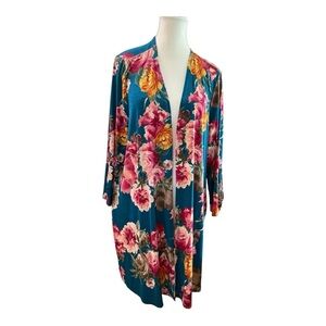 Dear Scarlett Floral Open Front Cardigan XL Vibrant Teal & Pink